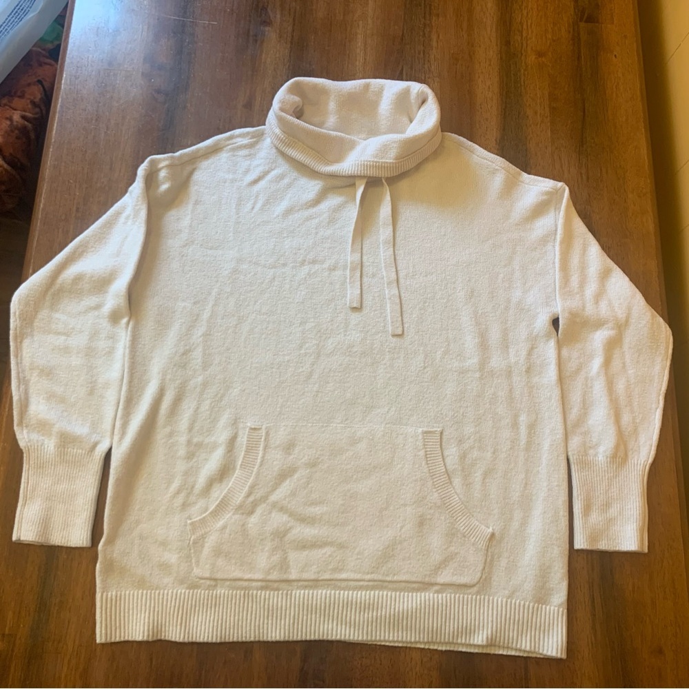 Loft sweater XL White Kangaroo pocket Super Soft Cowl Turtleneck tie strings